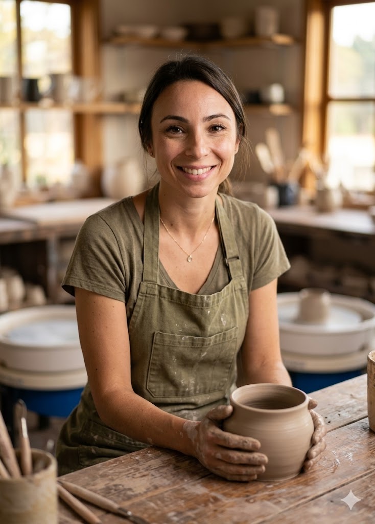 Nina Grozdanov im Atelier mit einem handgeformten Topf